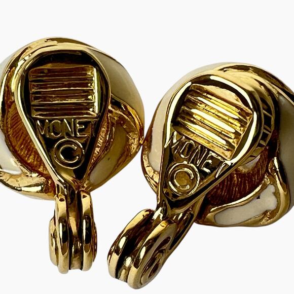 Earrings Richelieu Faux Pearl Rhinestones And Monet Cream Enamel Clip On Vintage - Picture 7 of 12